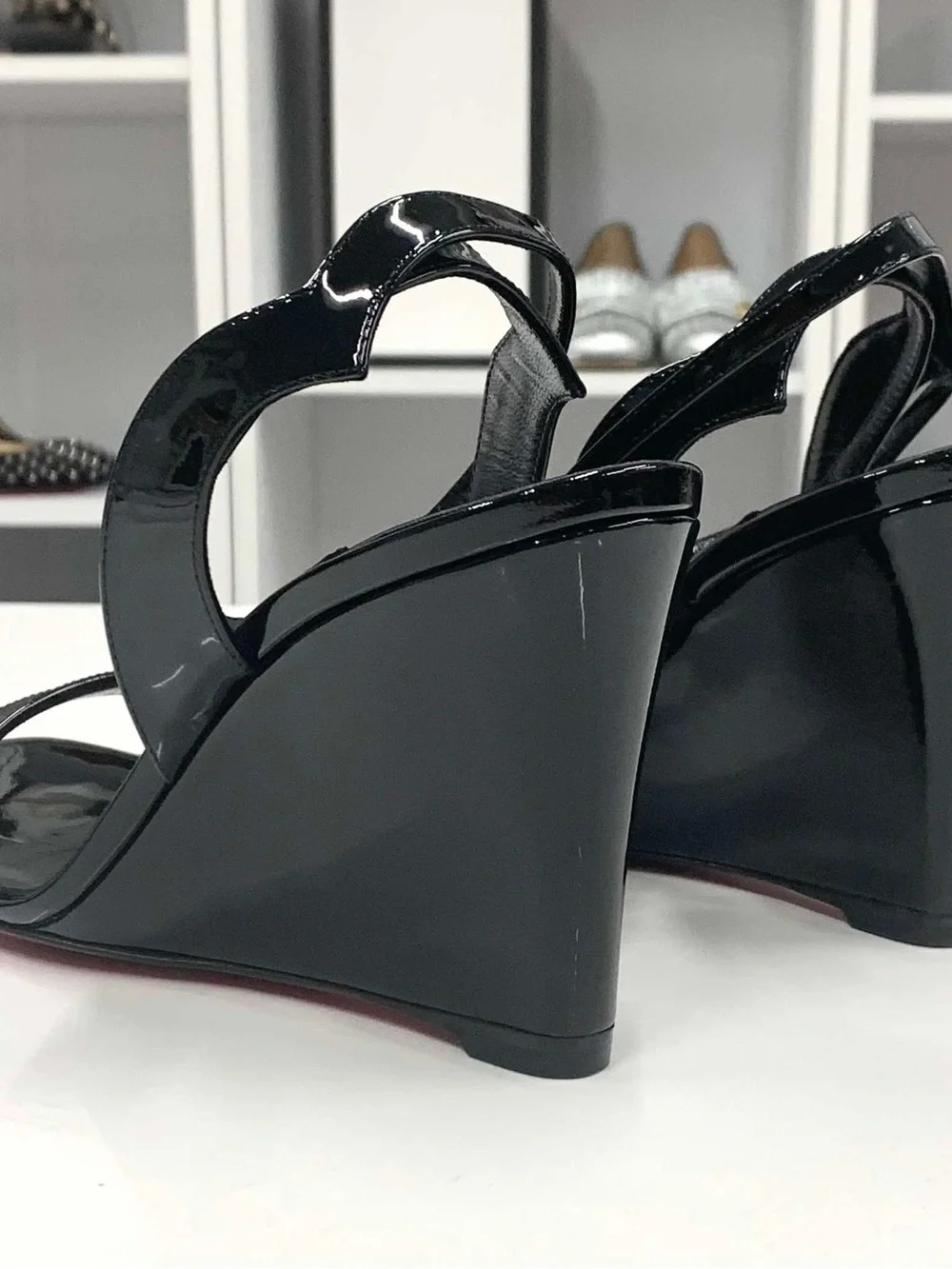 Christian Louboutin Black Patent Wedge Sandals with Red Soles